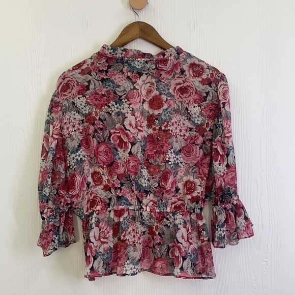 Zara - Red & Pink Floral See Thur Tie at Neck Blouse Size Small - Picture 9 of 9